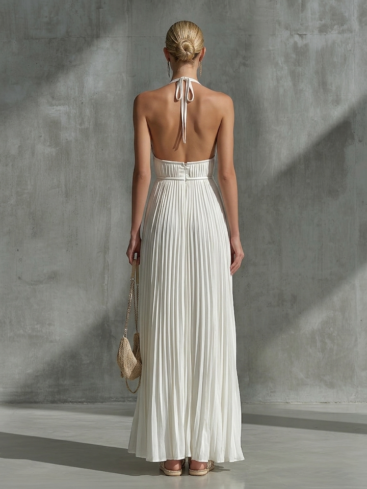 White Chiffon Pleated Halter Neck Sleeveless Fitted Waist A-line Maxi Dress