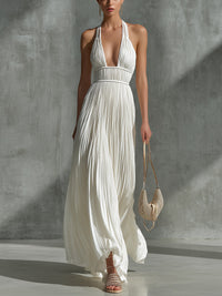 White Chiffon Pleated Halter Neck Sleeveless Fitted Waist A-line Maxi Dress