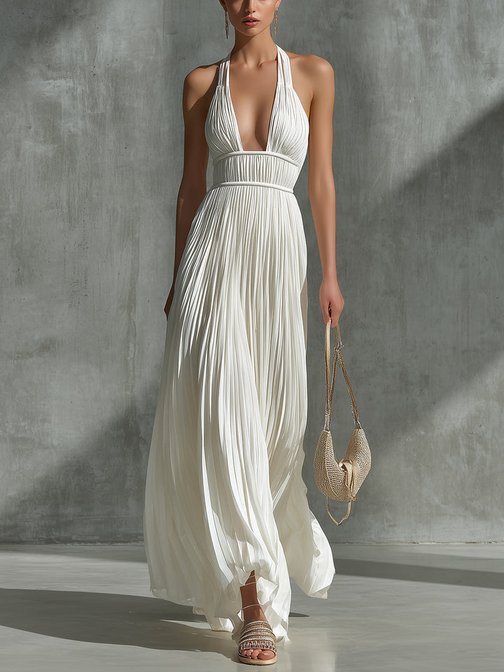 White Chiffon Pleated Halter Neck Sleeveless Fitted Waist A-line Maxi Dress