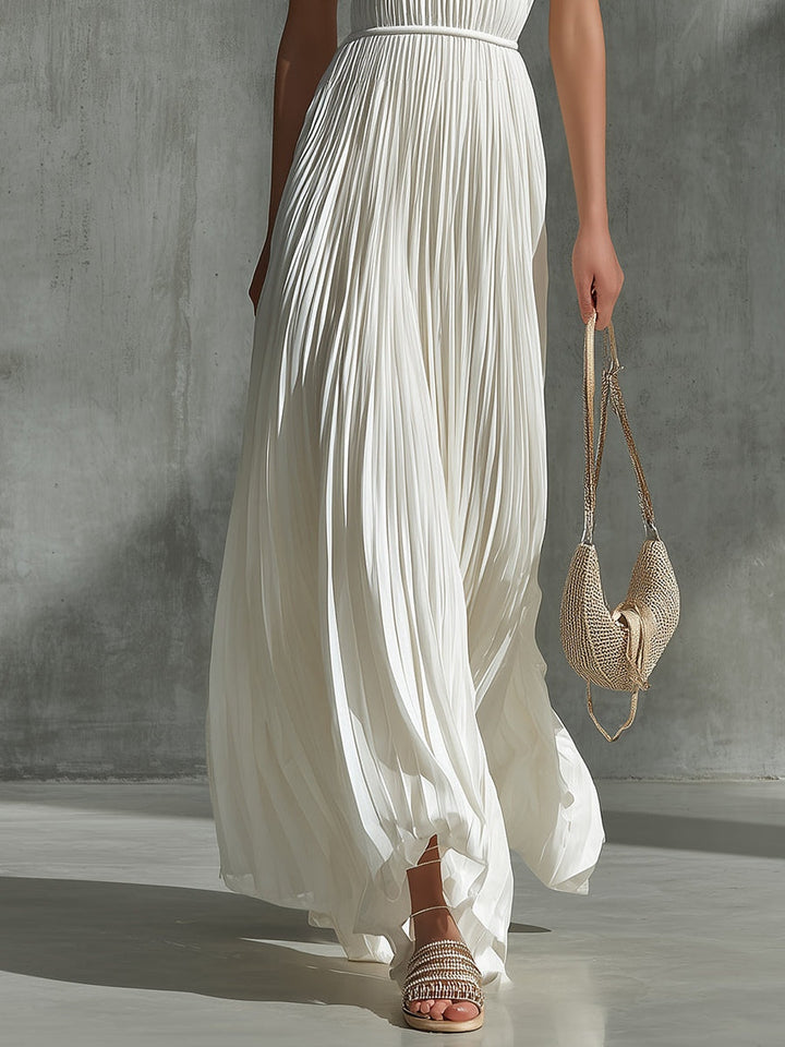 White Chiffon Pleated Halter Neck Sleeveless Fitted Waist A-line Maxi Dress