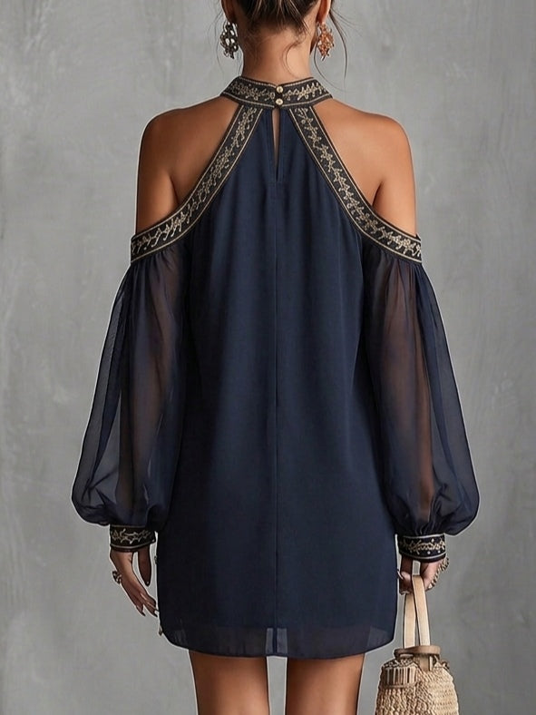 Navy Off-Shoulder Chiffon Mini Dress