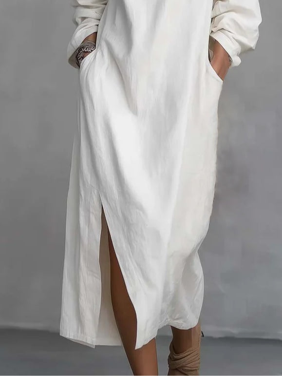 White One-shoulder Faux Cotton Linen Loose-fitting Midi Dress