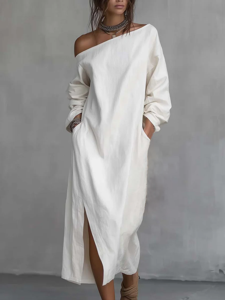 White One-shoulder Faux Cotton Linen Loose-fitting Midi Dress
