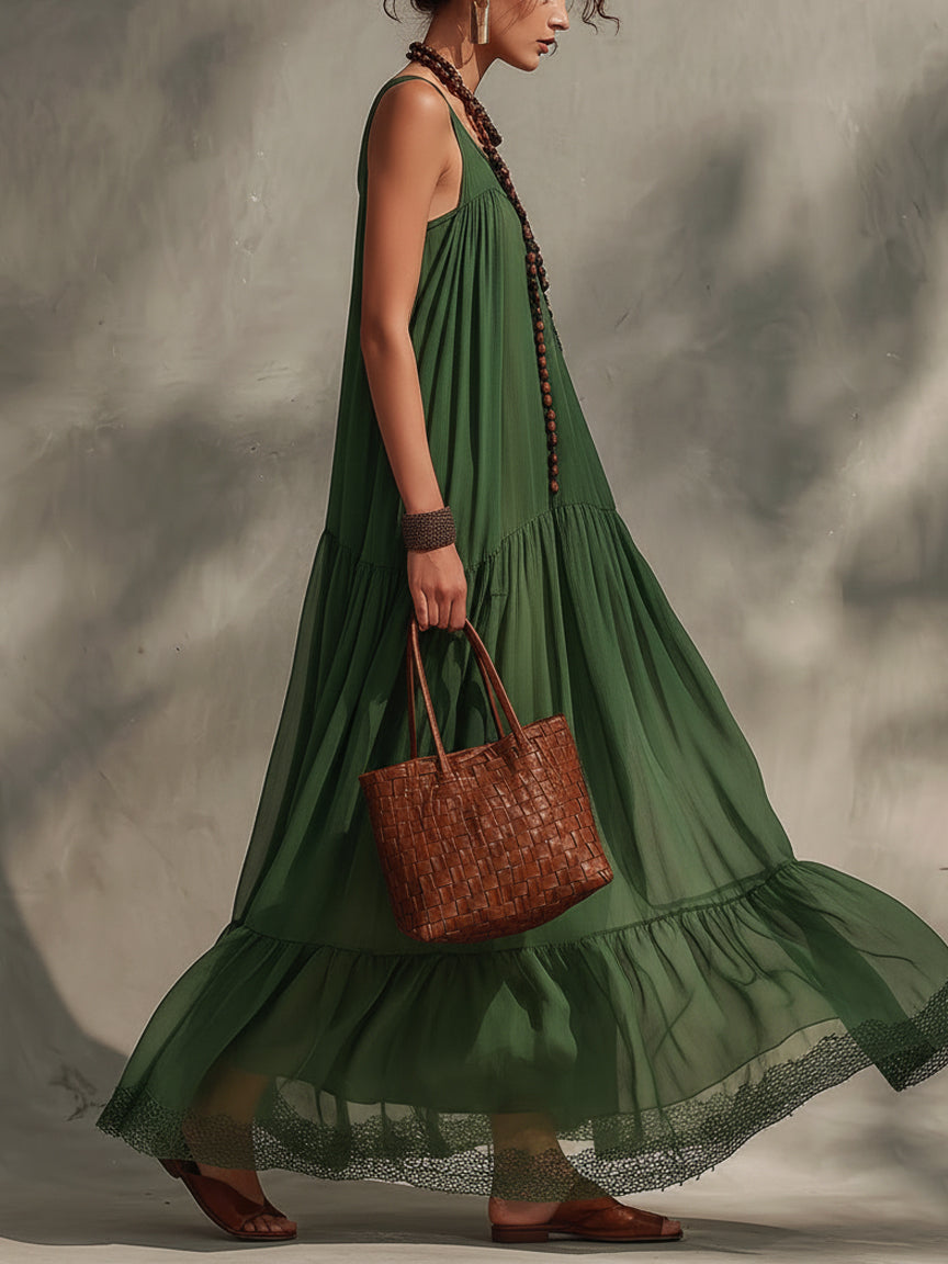 Green Flowy Chiffon Lace-trimmed Sleeveless Maxi Dress