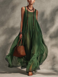 Green Flowy Chiffon Lace-trimmed Sleeveless Maxi Dress