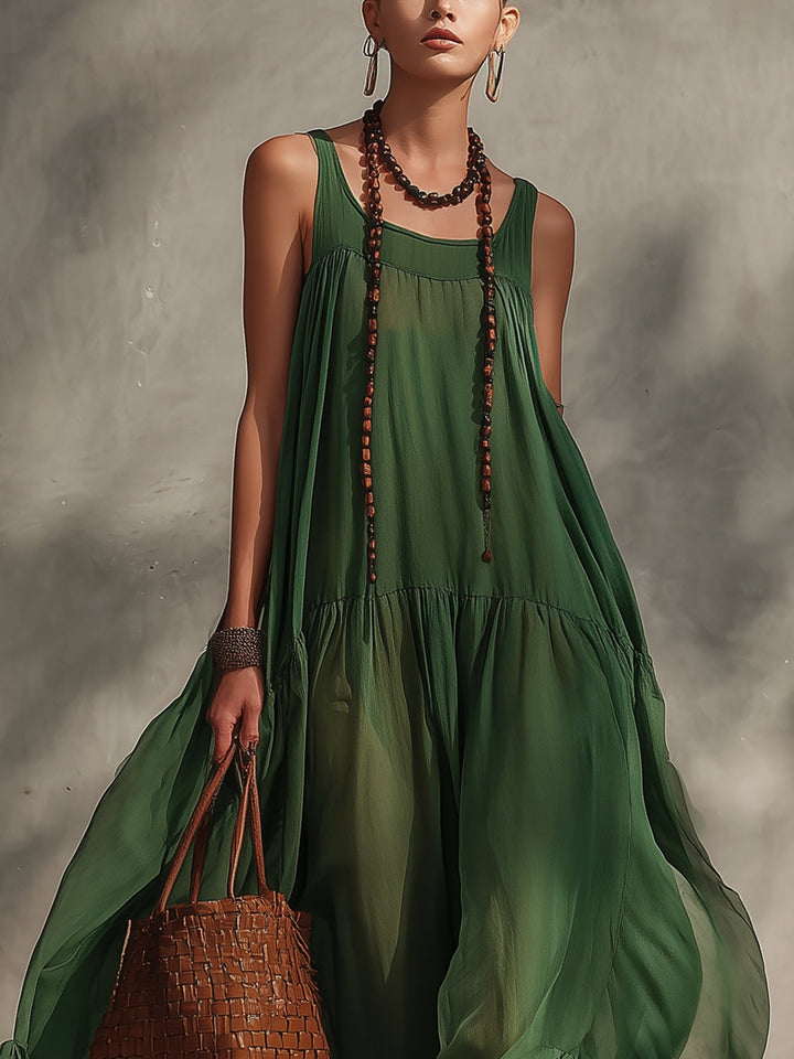 Green Flowy Chiffon Lace-trimmed Sleeveless Maxi Dress