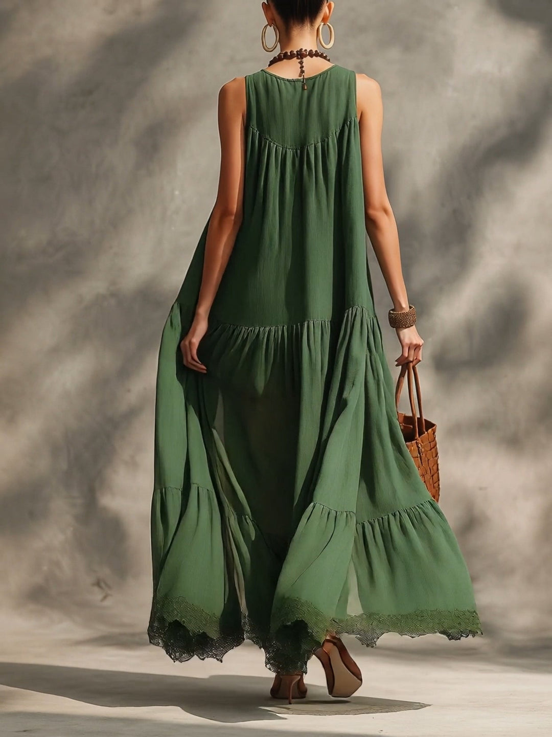Green Flowy Chiffon Lace-trimmed Sleeveless Maxi Dress