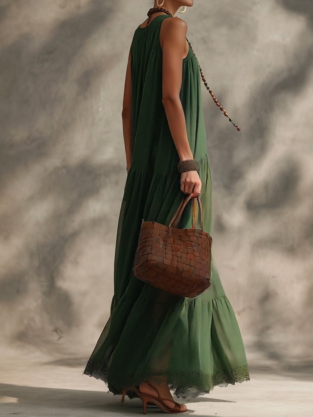 Green Flowy Chiffon Lace-trimmed Sleeveless Maxi Dress