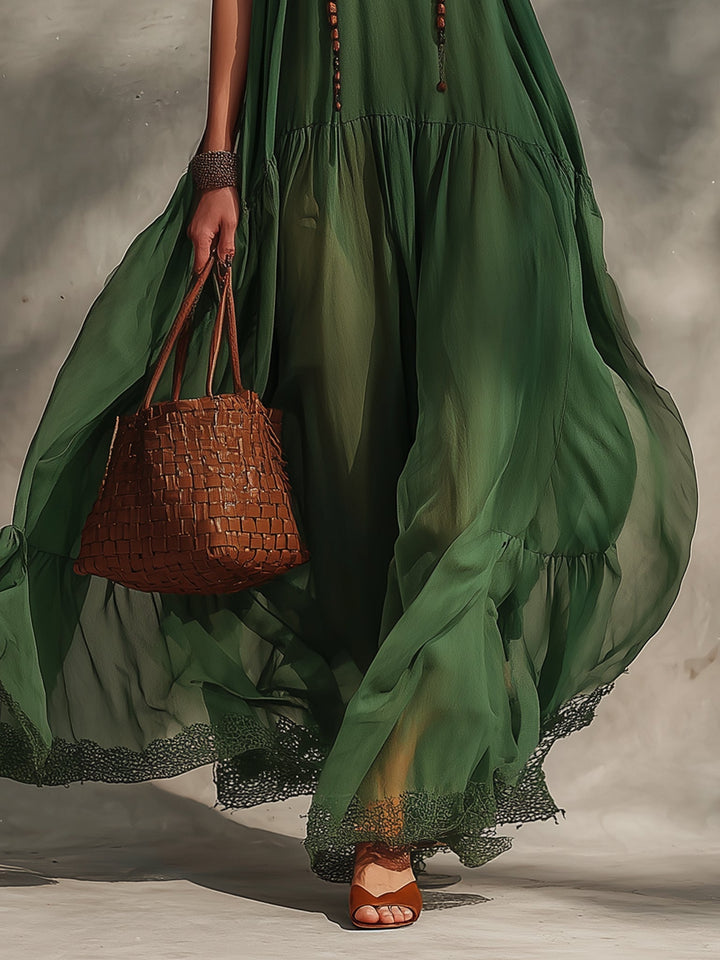 Green Flowy Chiffon Lace-trimmed Sleeveless Maxi Dress