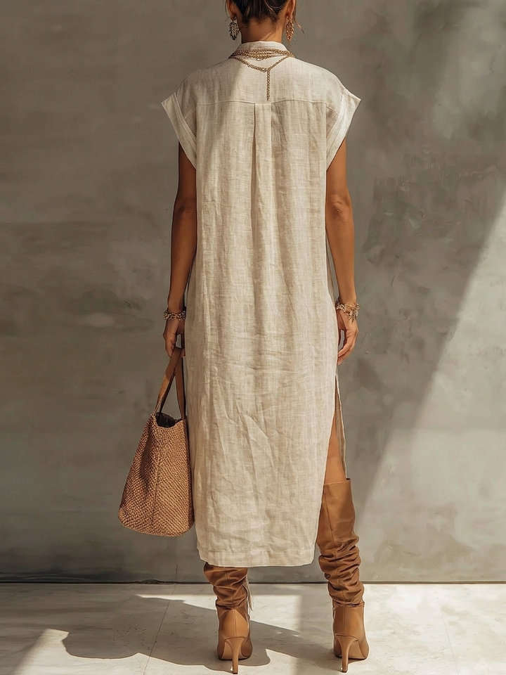 Beige Linen Shirt Collar Midi Dress With Cap Sleeves
