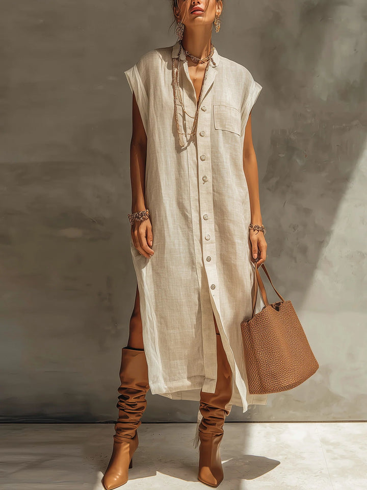Beige Linen Shirt Collar Midi Dress With Cap Sleeves