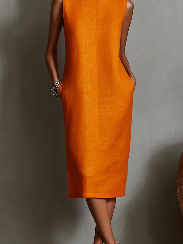 Orange Minimalist Linen Sleeveless Round Neck Midi Dress