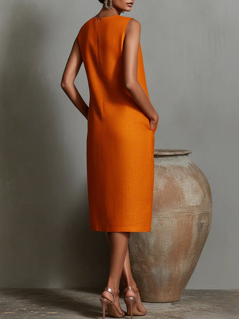 Orange Minimalist Linen Sleeveless Round Neck Midi Dress