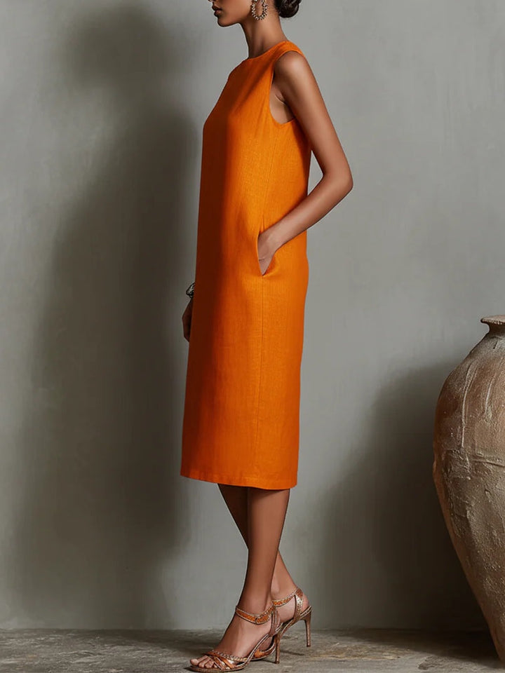 Orange Minimalist Linen Sleeveless Round Neck Midi Dress