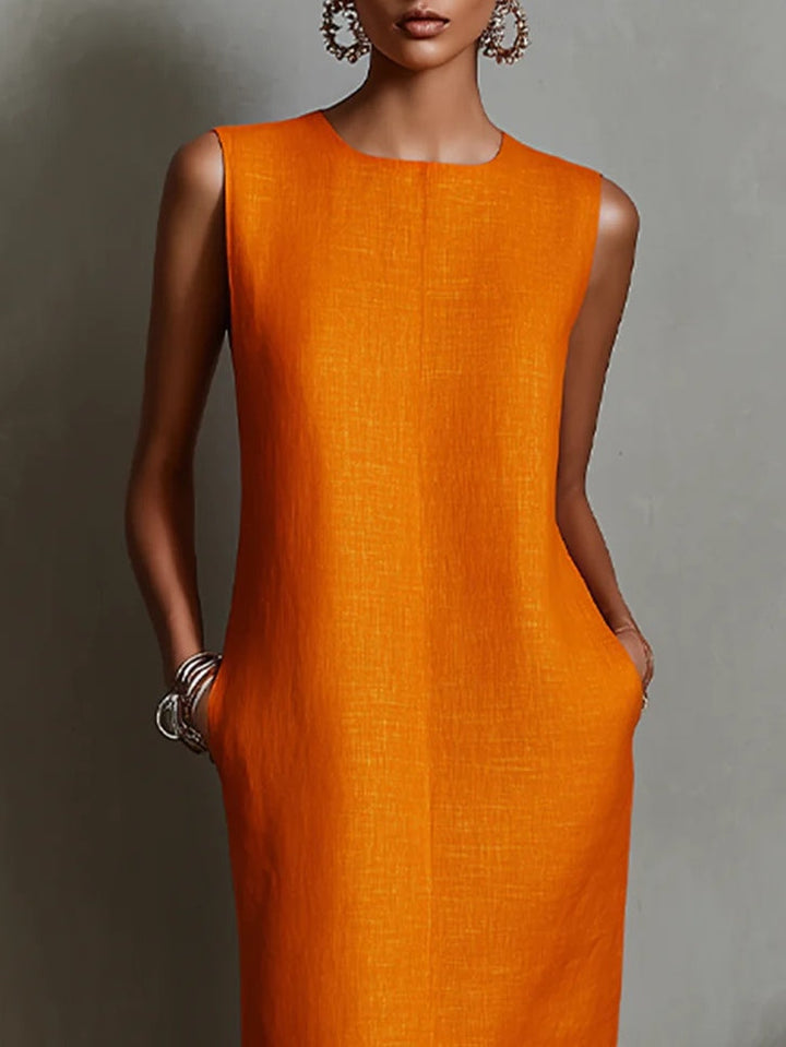 Orange Minimalist Linen Sleeveless Round Neck Midi Dress