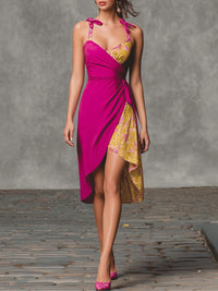 Fuchsia Contrast Floral Bust Wrap Midi Dress