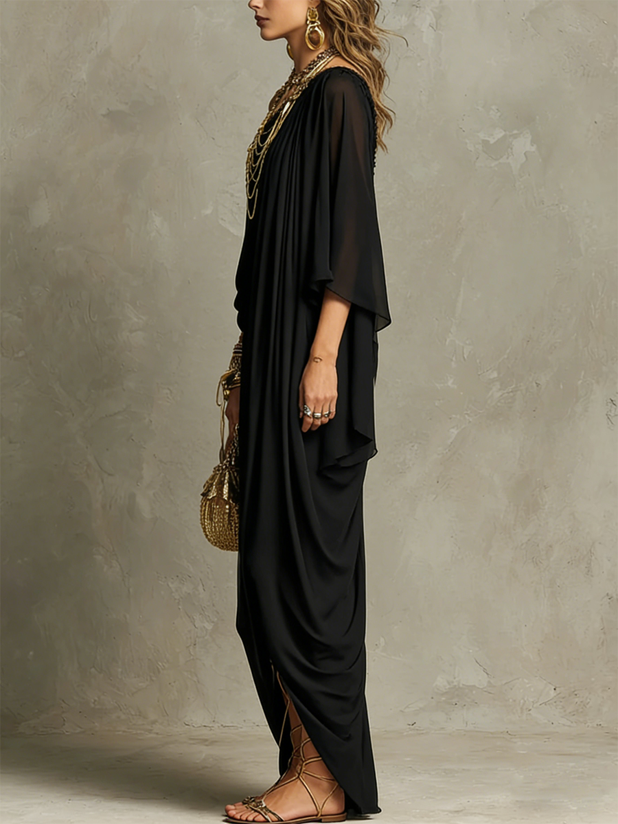 Black One-shoulder Pleated Chiffon Maxi Dress