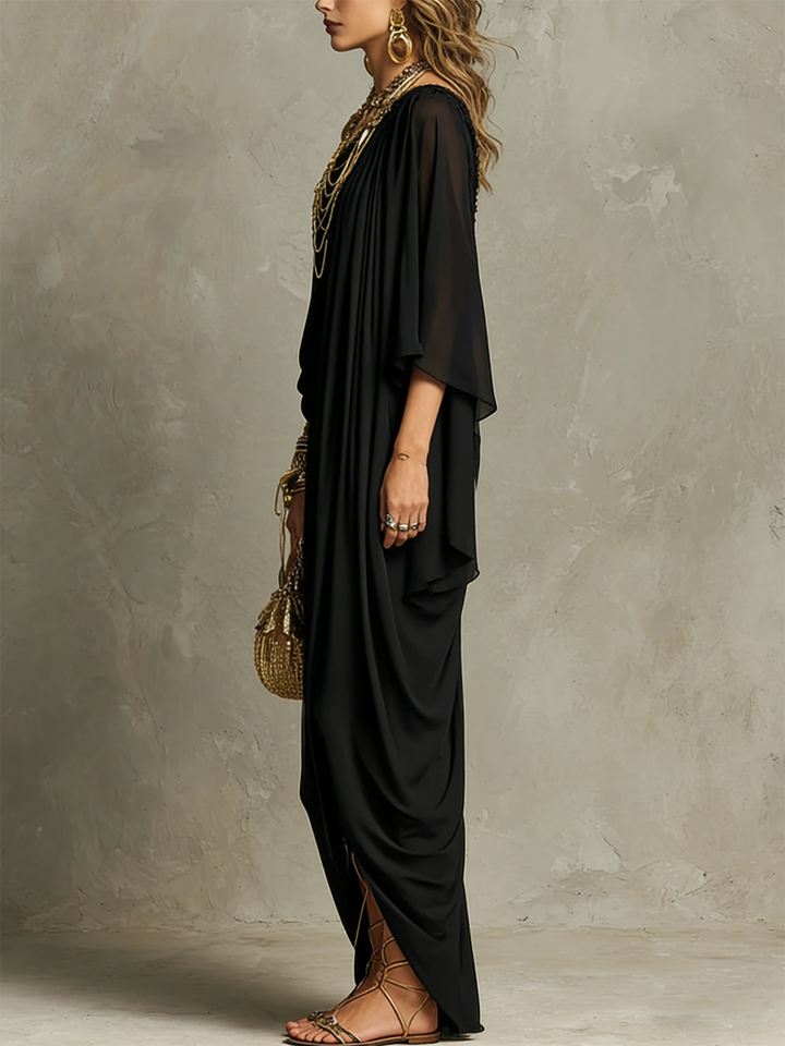 Black One-shoulder Pleated Chiffon Maxi Dress