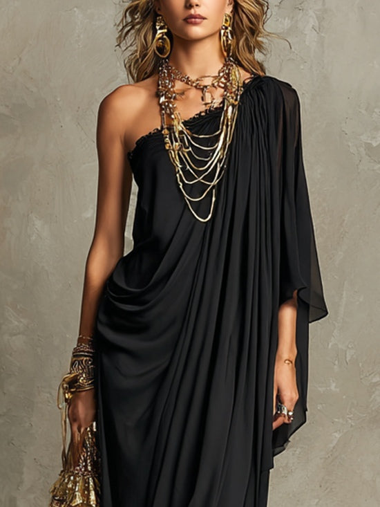 Black One-shoulder Pleated Chiffon Maxi Dress