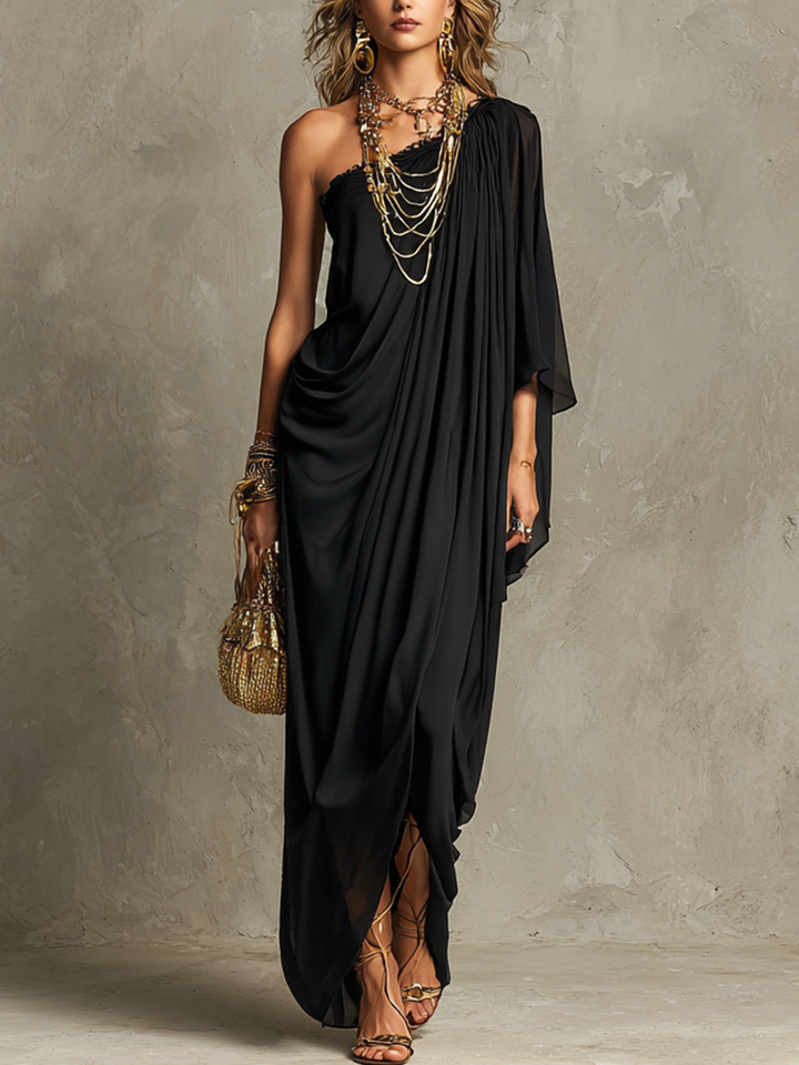 Black One-shoulder Pleated Chiffon Maxi Dress