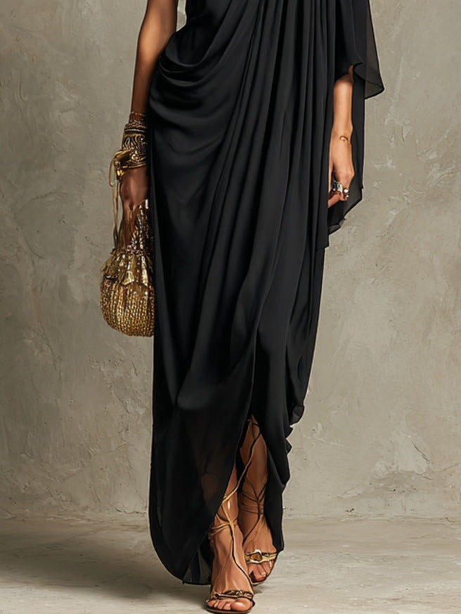 Black One-shoulder Pleated Chiffon Maxi Dress