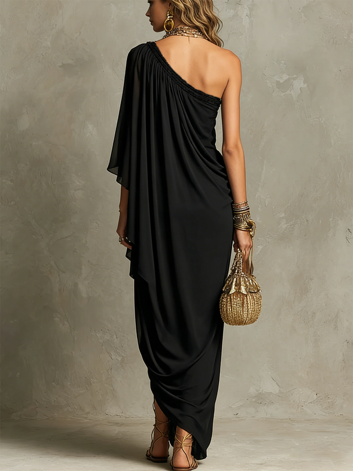 Black One-shoulder Pleated Chiffon Maxi Dress