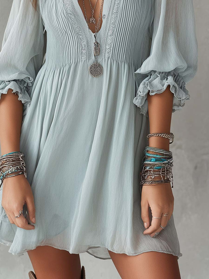 Gray-blue Three-quarter Sleeve Pleated Chiffon Mini Dress