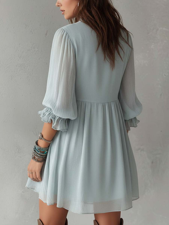 Gray-blue Three-quarter Sleeve Pleated Chiffon Mini Dress