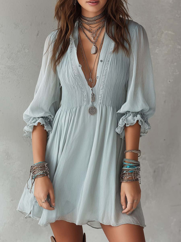 Gray-blue Three-quarter Sleeve Pleated Chiffon Mini Dress