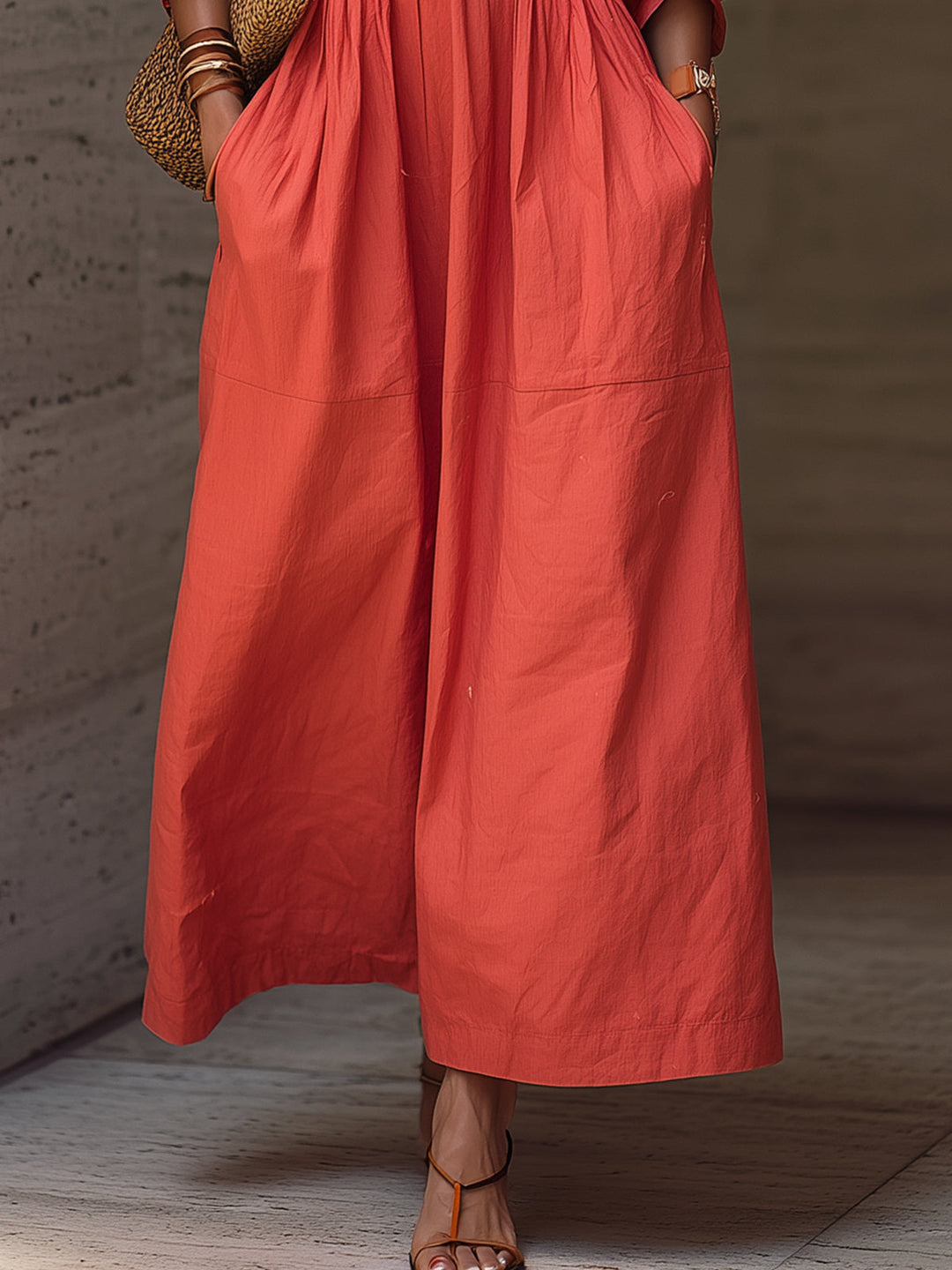 Brick Red Off-Shoulder Puff Sleeve Smocked Maxi Dress