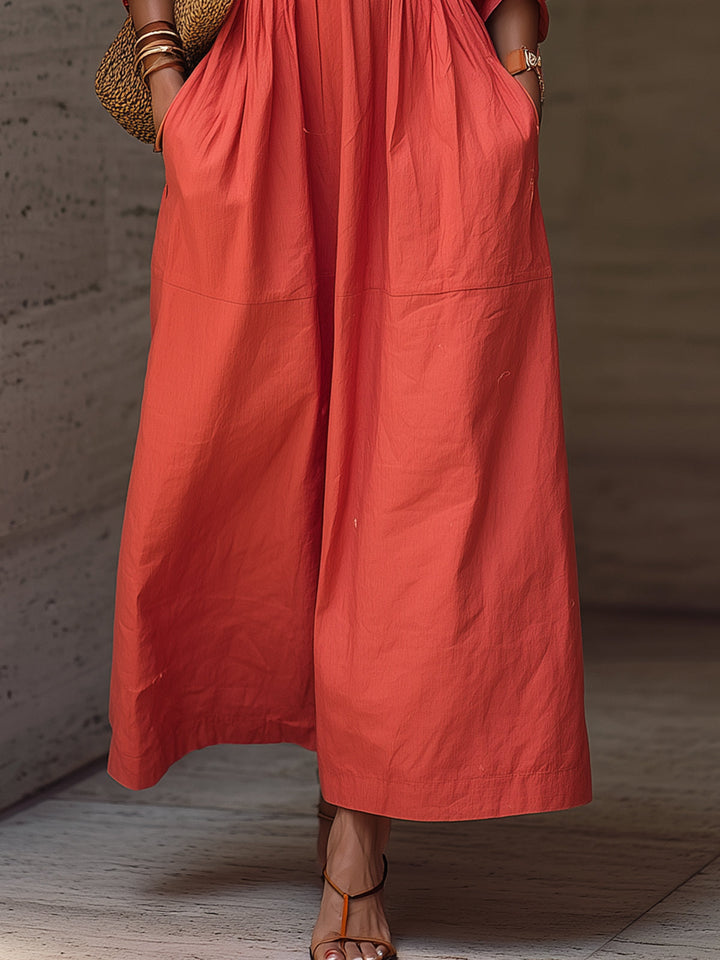 Brick Red Off-Shoulder Puff Sleeve Smocked Maxi Dress