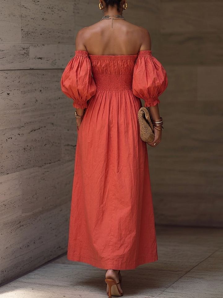 Brick Red Off-Shoulder Puff Sleeve Smocked Maxi Dress