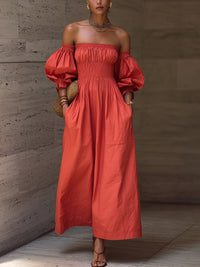 Brick Red Off-Shoulder Puff Sleeve Smocked Maxi Dress