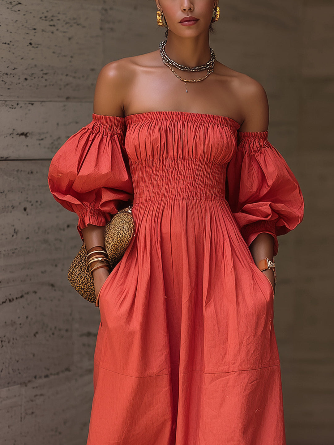 Brick Red Off-Shoulder Puff Sleeve Smocked Maxi Dress