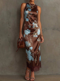 Brown Blue Floral Print Lace-trimmed Satin Maxi Dress