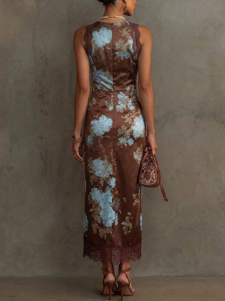 Brown Blue Floral Print Lace-trimmed Satin Maxi Dress