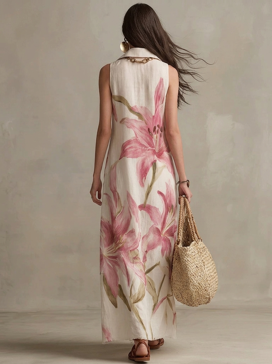 Vacation Floral Print Sleeveless Shirt Maxi Dress