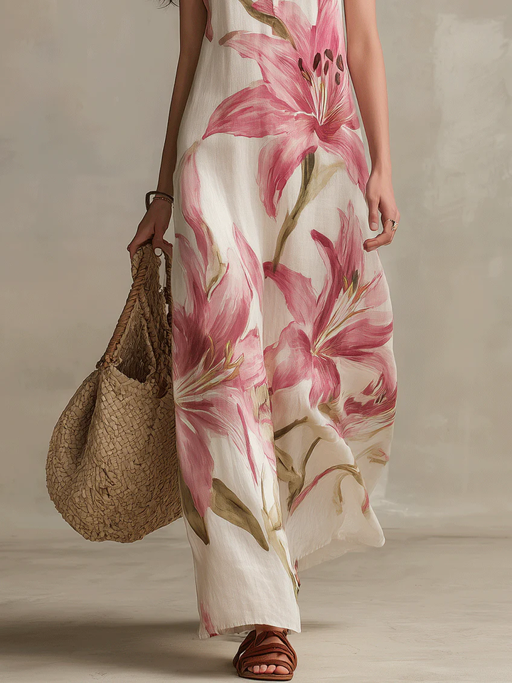 Vacation Floral Print Sleeveless Shirt Maxi Dress