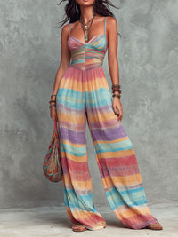 Boho Rainbow Striped Pattern Wide-Leg Jumpsuit