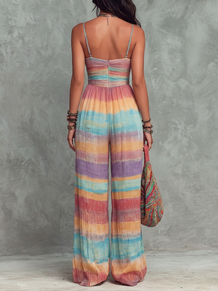 Boho Rainbow Striped Pattern Wide-Leg Jumpsuit