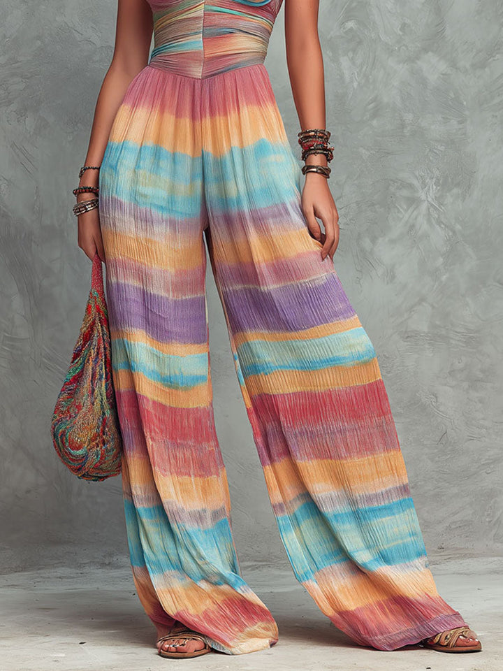Boho Rainbow Striped Pattern Wide-Leg Jumpsuit
