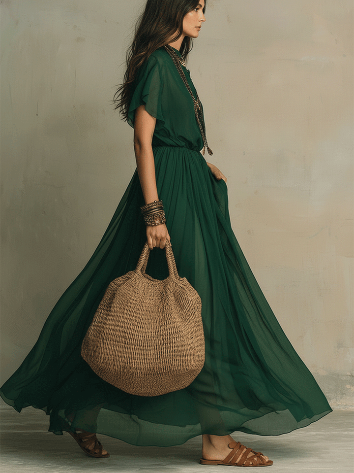 Elegant Boho Flowing Deep Green Maxi Dress