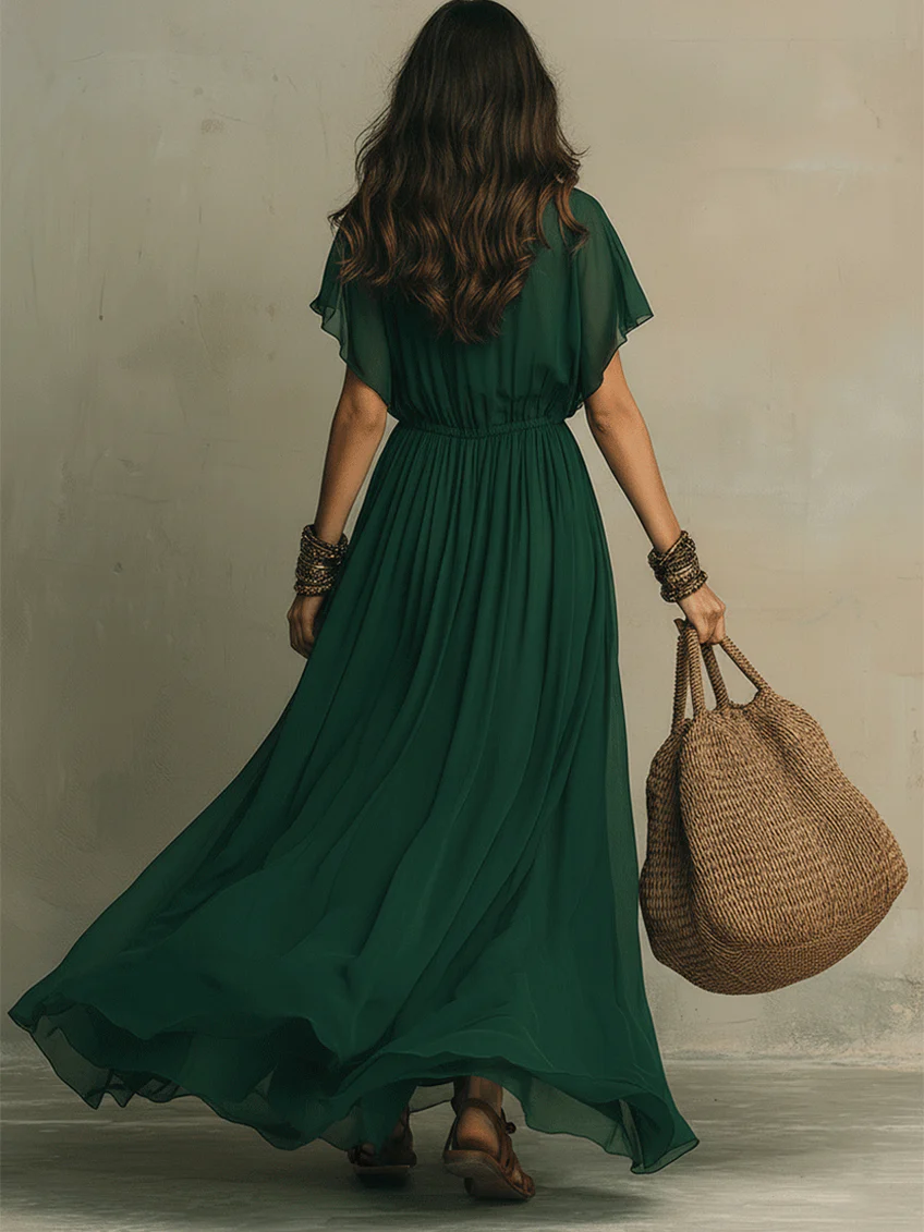 Elegant Boho Flowing Deep Green Maxi Dress