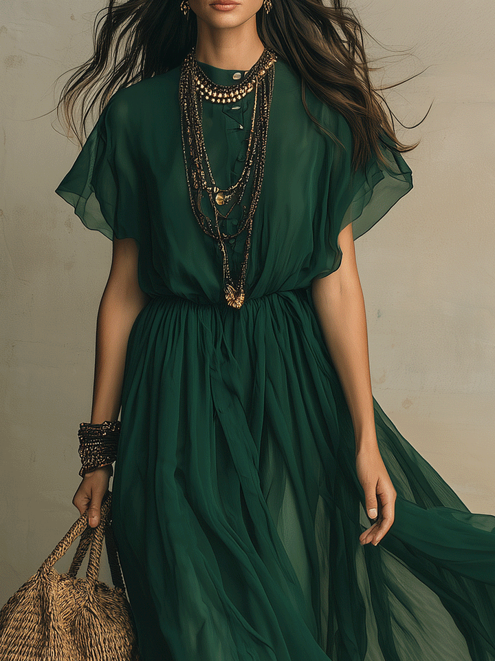 Elegant Boho Flowing Deep Green Maxi Dress