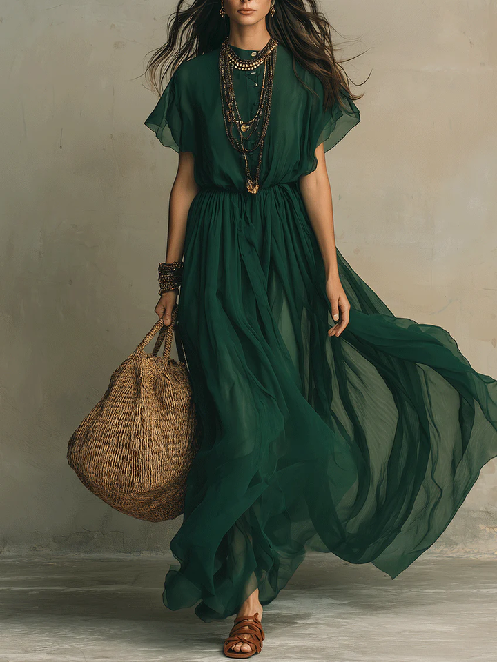 Elegant Boho Flowing Deep Green Maxi Dress