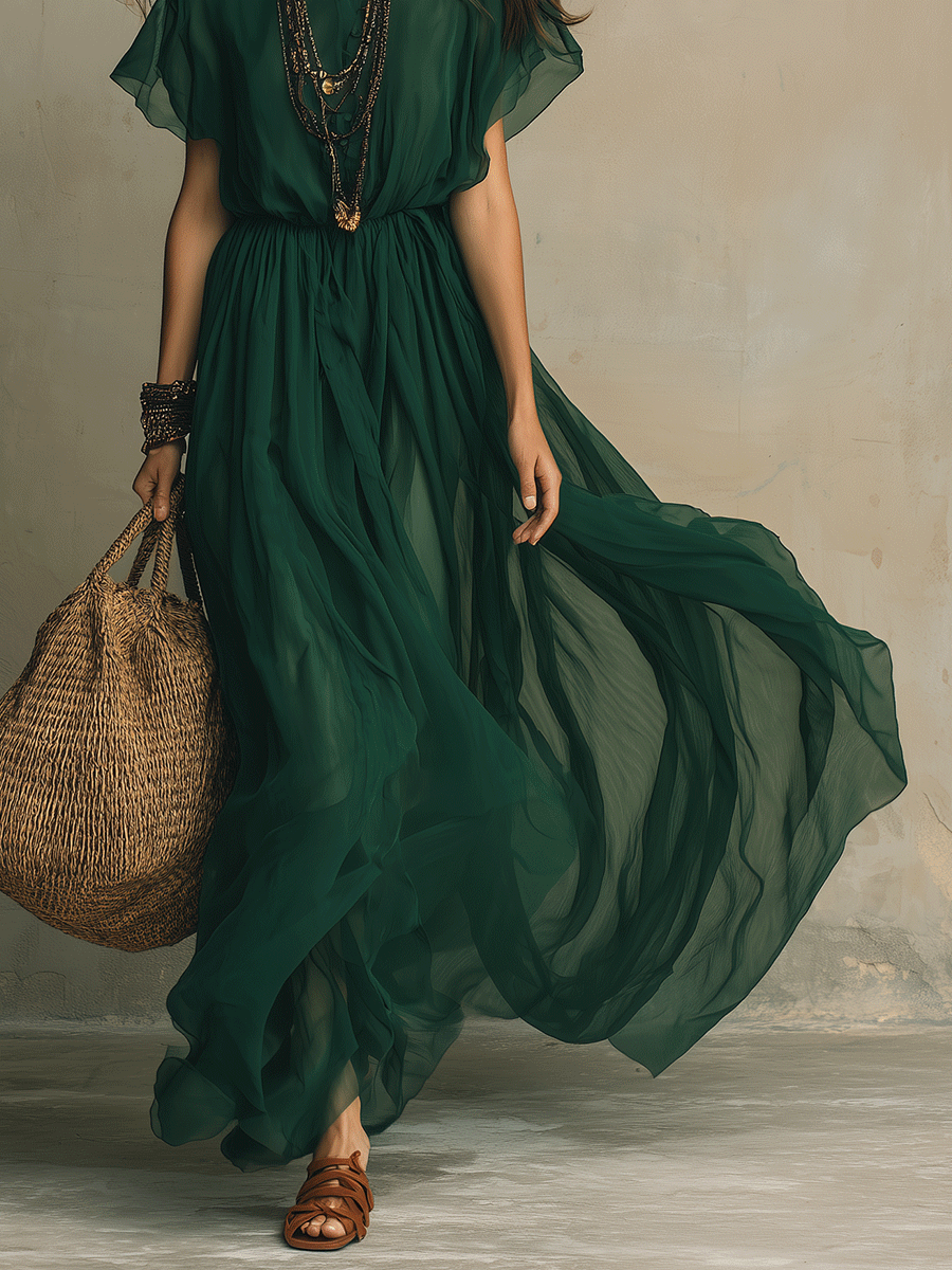 Elegant Boho Flowing Deep Green Maxi Dress