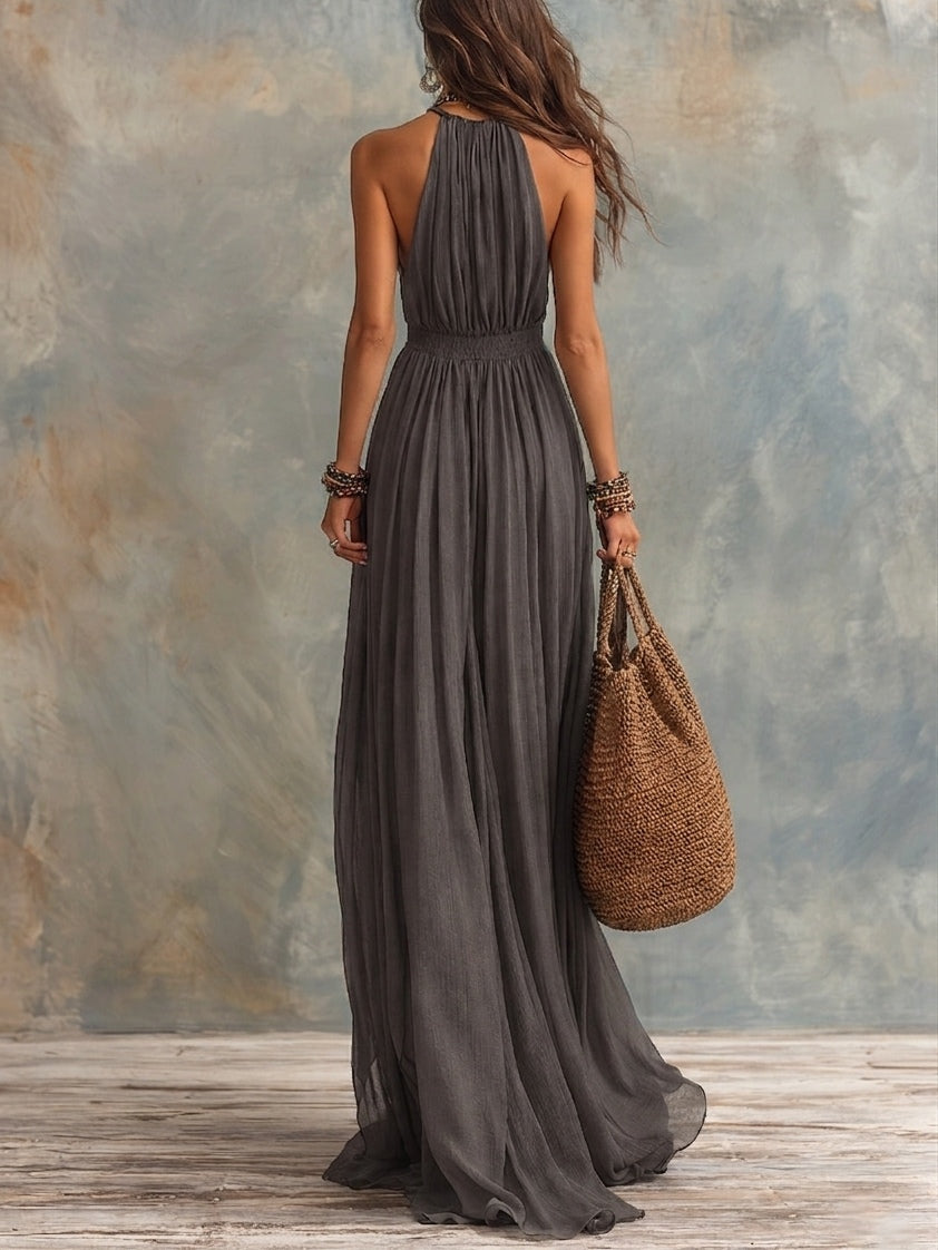 Grey Bohemian Draped Halter Maxi Dress