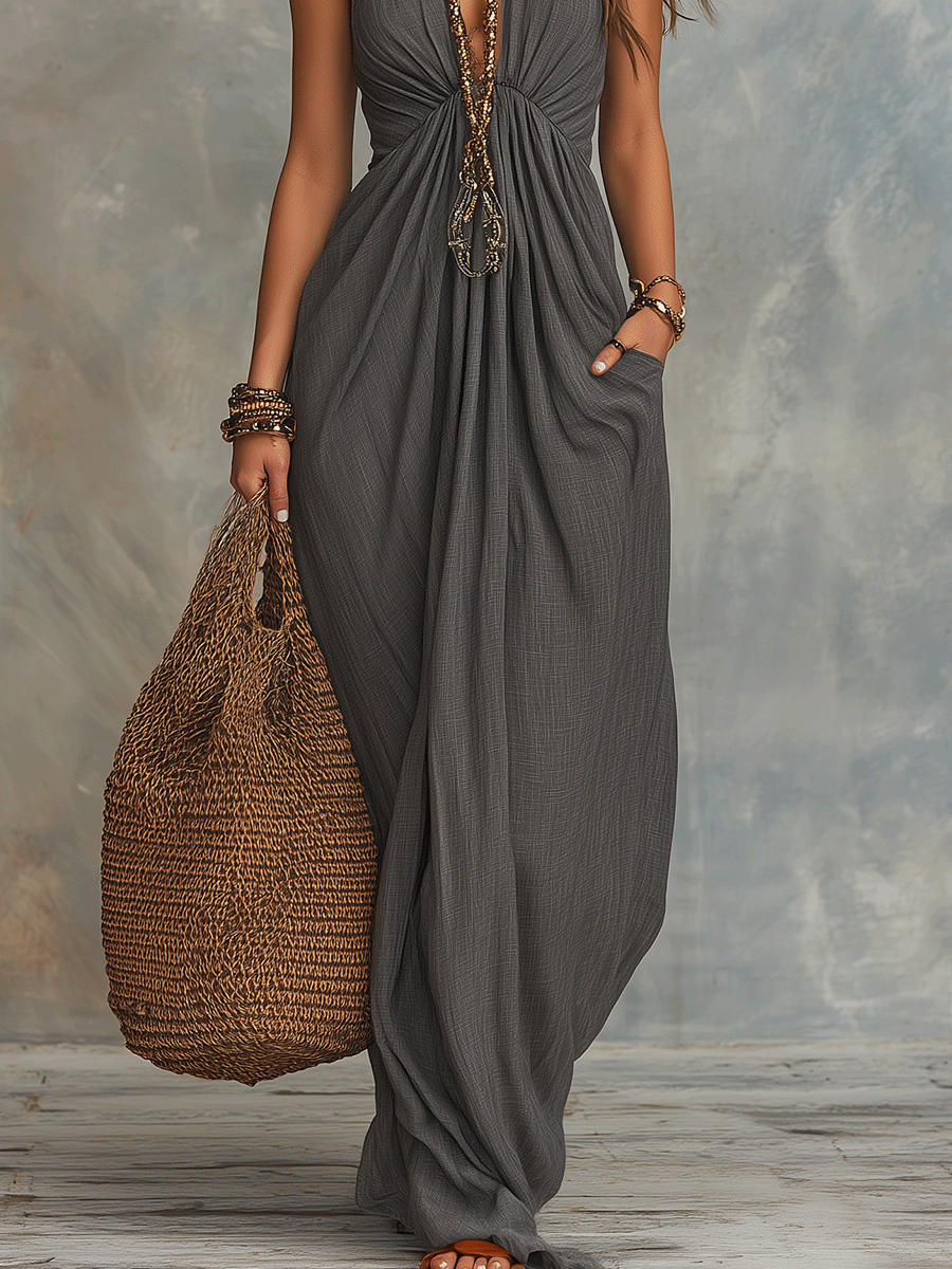 Grey Bohemian Draped Halter Maxi Dress