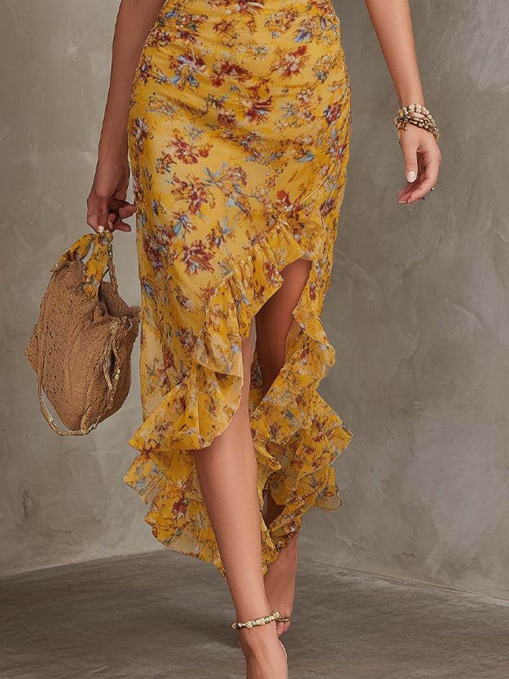 Ginger Yellow Floral Halter Neck Fitted Waist Chiffon Midi Dress