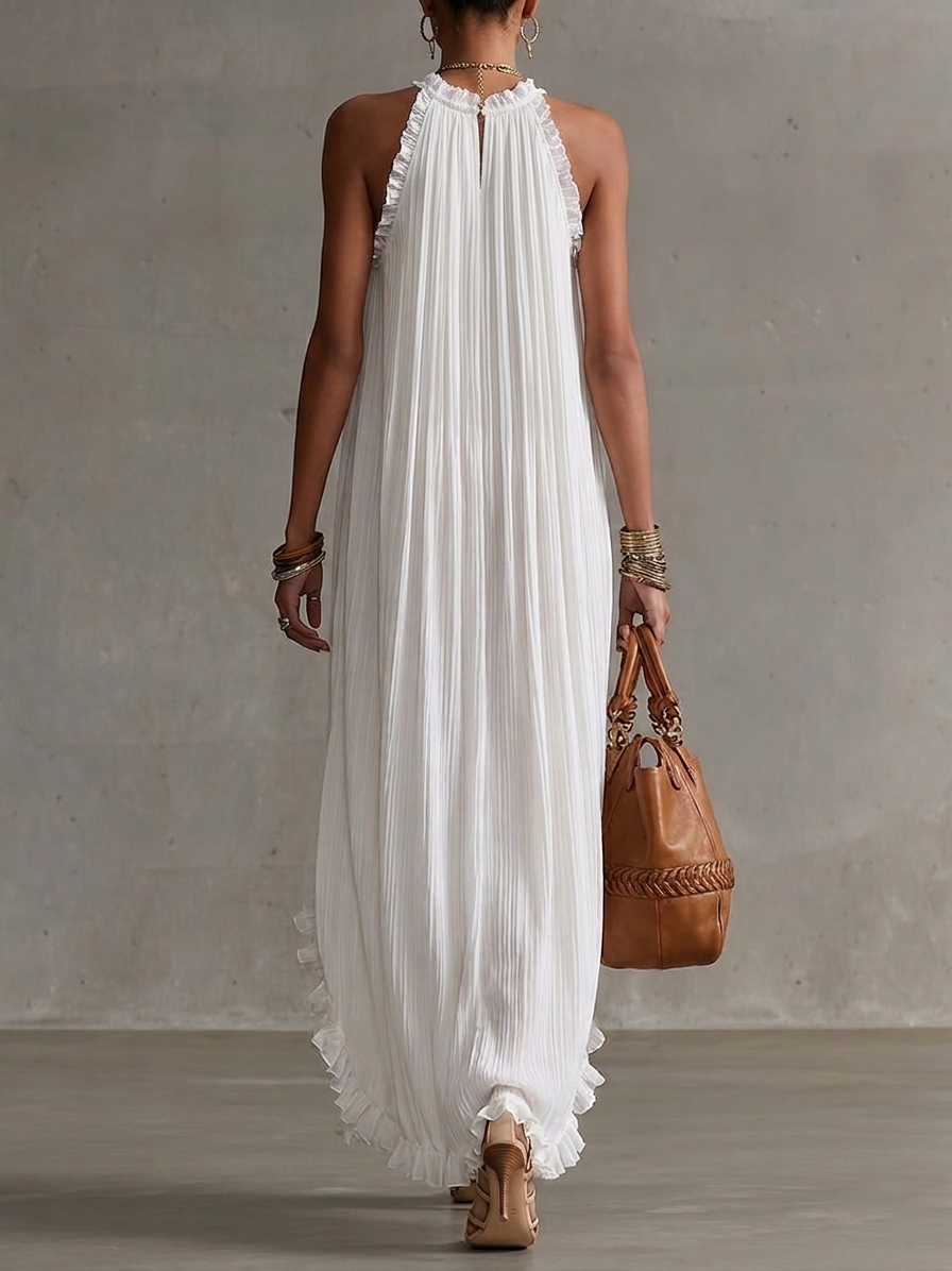 White Chiffon Pleated Halter Neck Maxi Dress